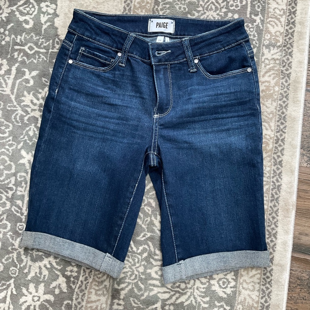 PAIGE Dark Navy Denim Shorts Bermuda Mid Rise 26